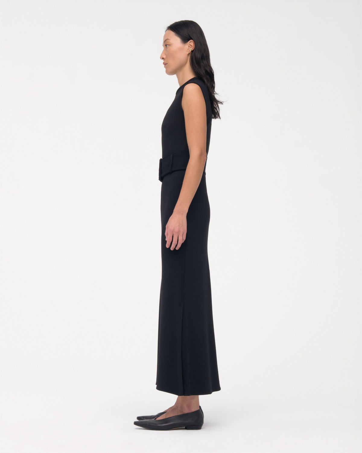Another Tomorrow Bias Belted Dress in Black – Crêpe Women's Dress