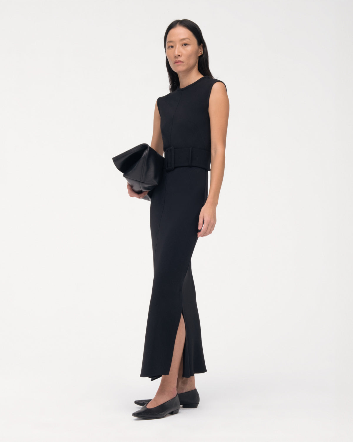 Another Tomorrow Bias Belted Dress in Black – Crêpe Women's Dress