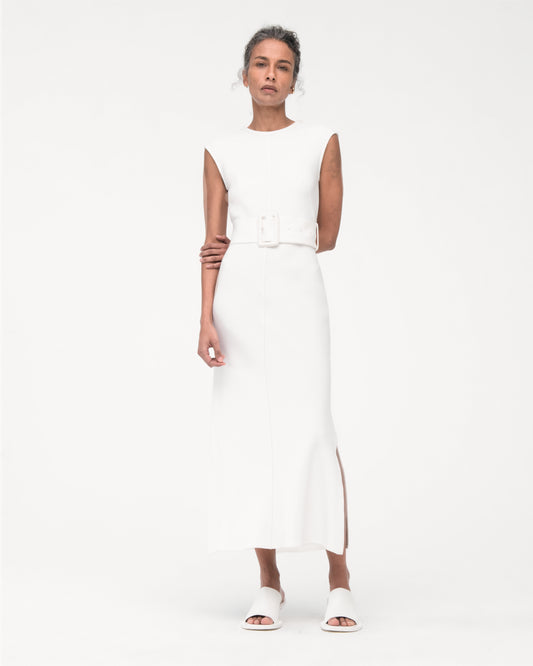 Another Tomorrow Bias Belted Dress in White – Crêpe Women's Dress