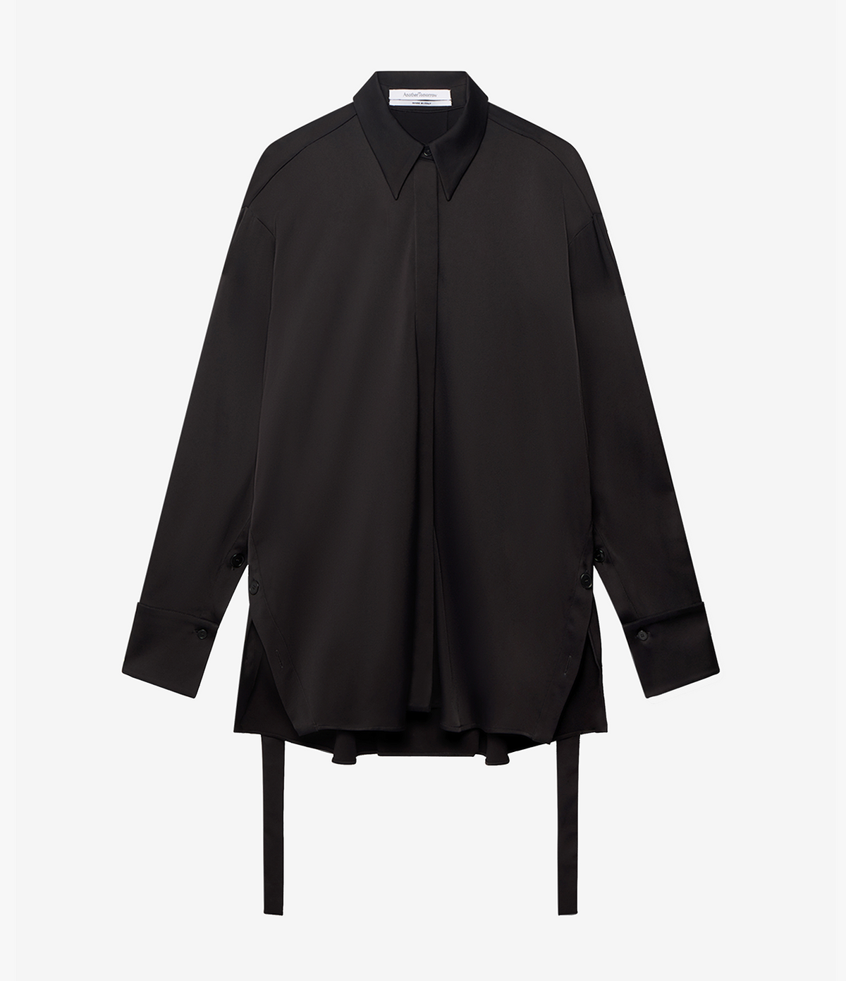 Another Tomorrow Bias Button Side Shirt in Black – Satin Women's Top
