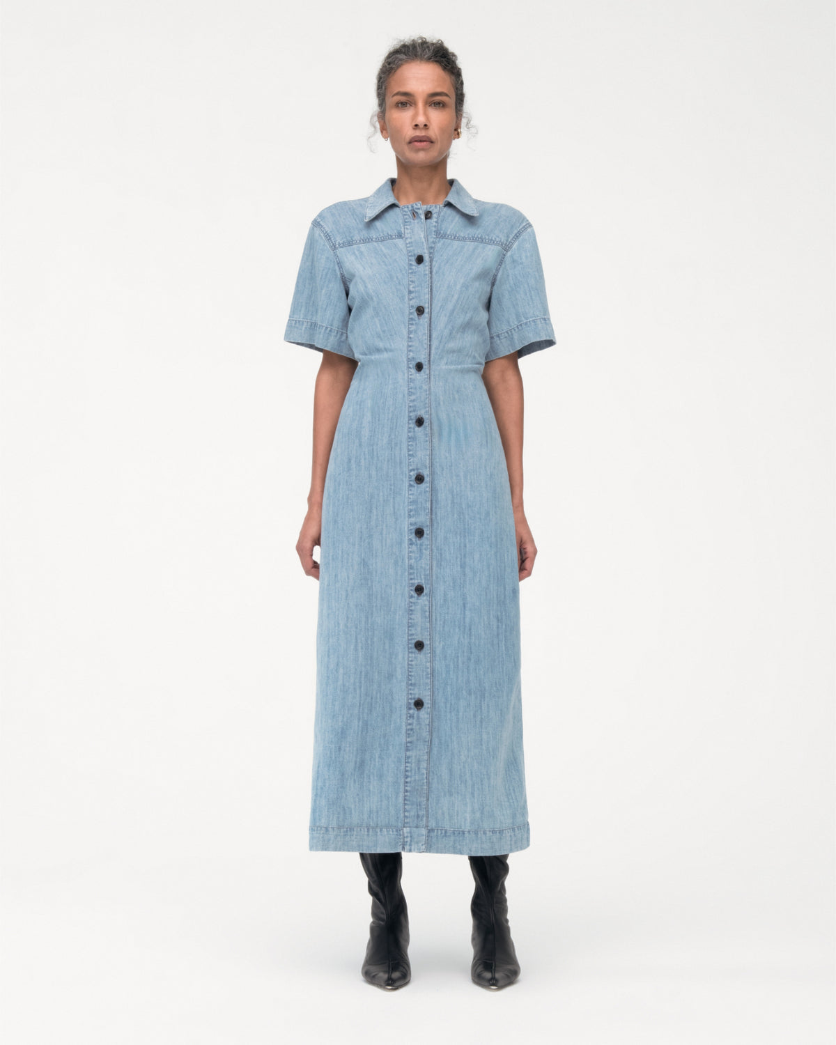 Another Tomorrow Chambray Bias Shirt Dress in Light Blue Wash – Denim Women's Dress