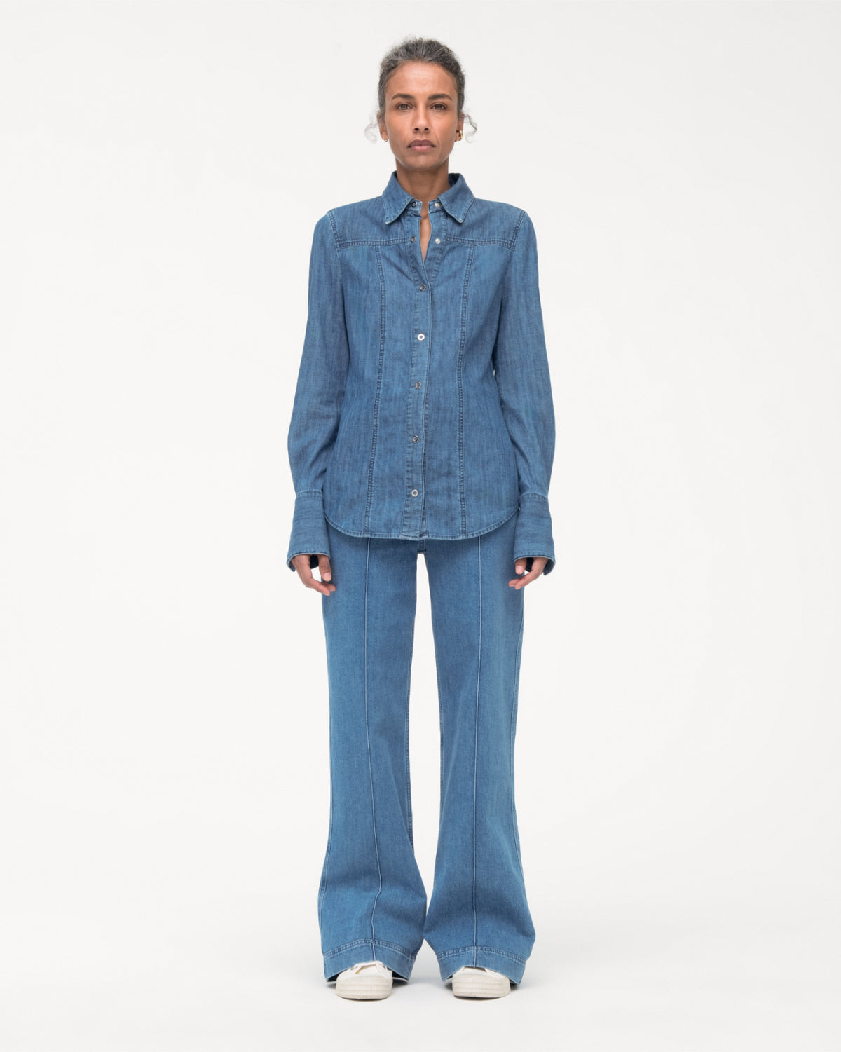 Another Tomorrow Chambray Shirt in Light Blue Wash – Denim Women's Top