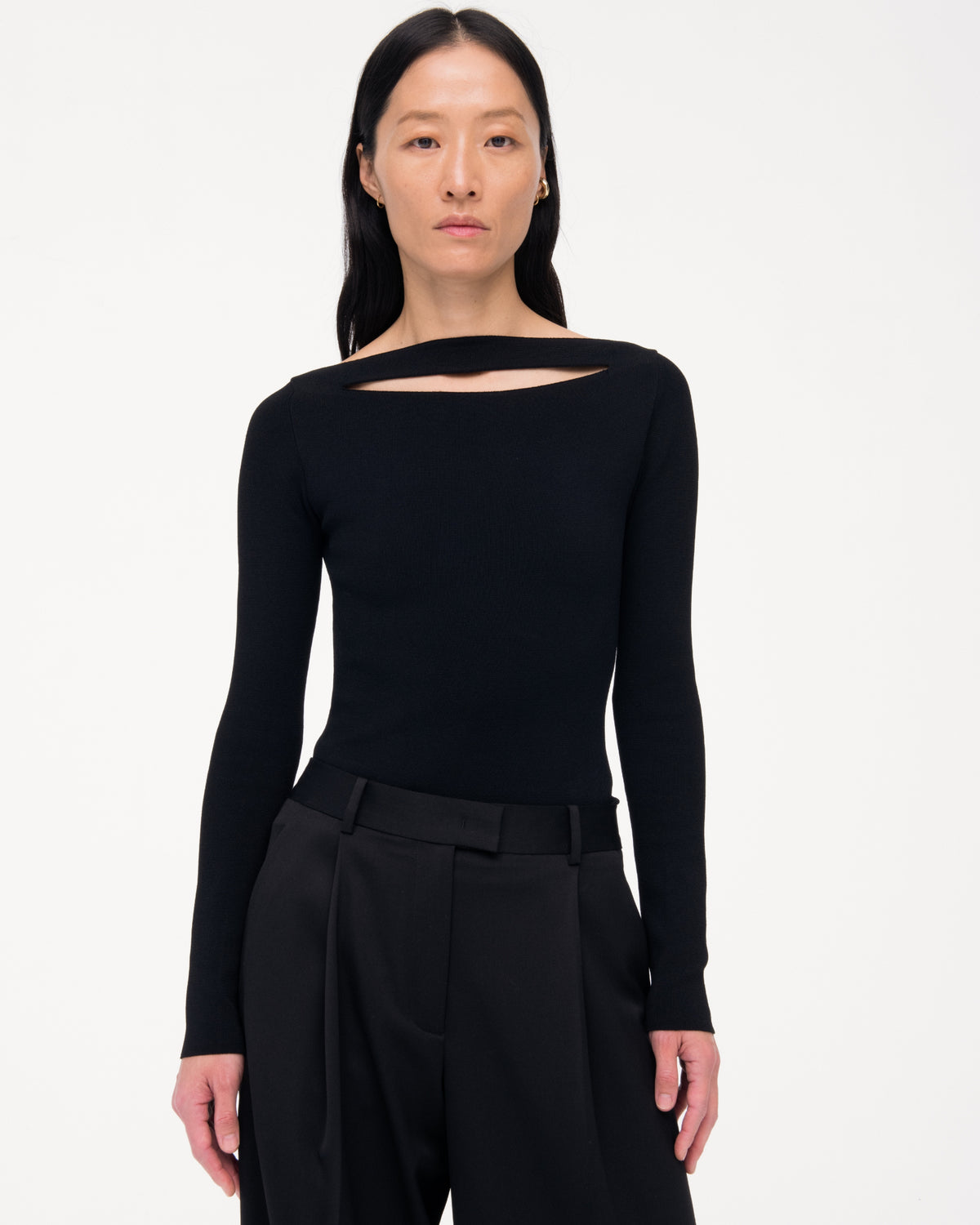 Another Tomorrow Compact Cutout Knit Top in Black – Viscose Women's Knitwear