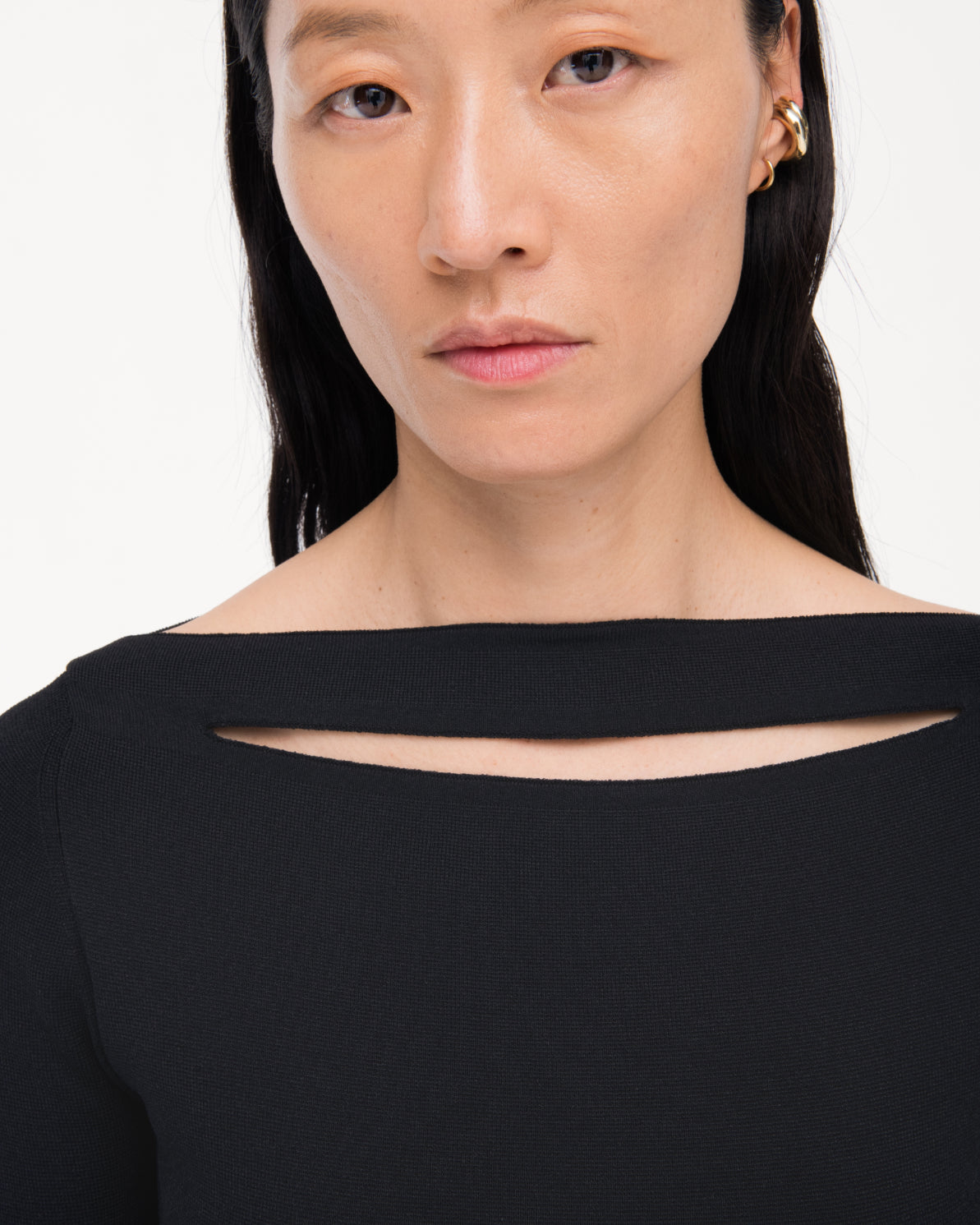 Another Tomorrow Compact Cutout Knit Top in Black – Viscose Women's Knitwear