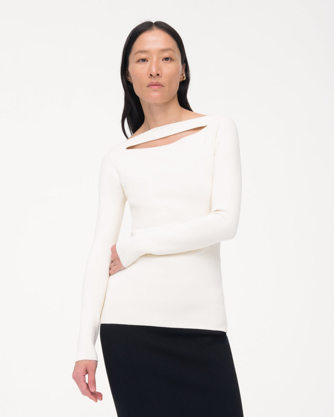 Another Tomorrow Compact Cutout Knit Top in Off White – Viscose Women's Knitwear
