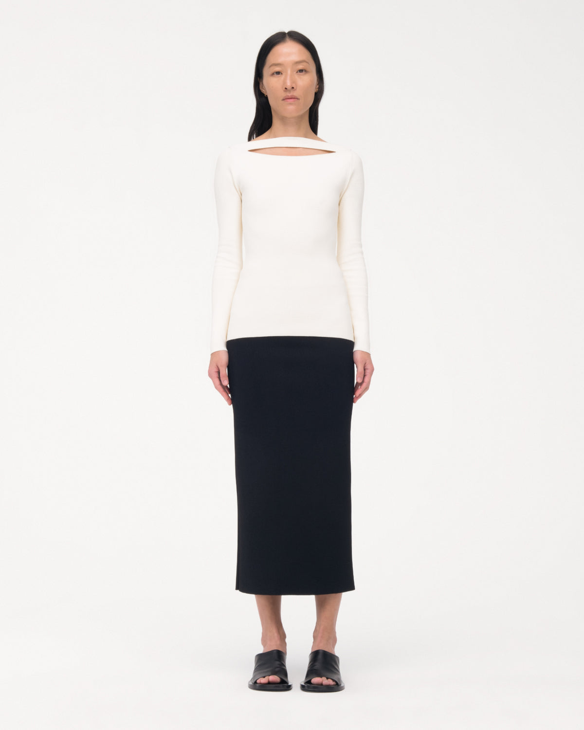 Another Tomorrow Compact Cutout Knit Top in Off White – Viscose Women's Knitwear