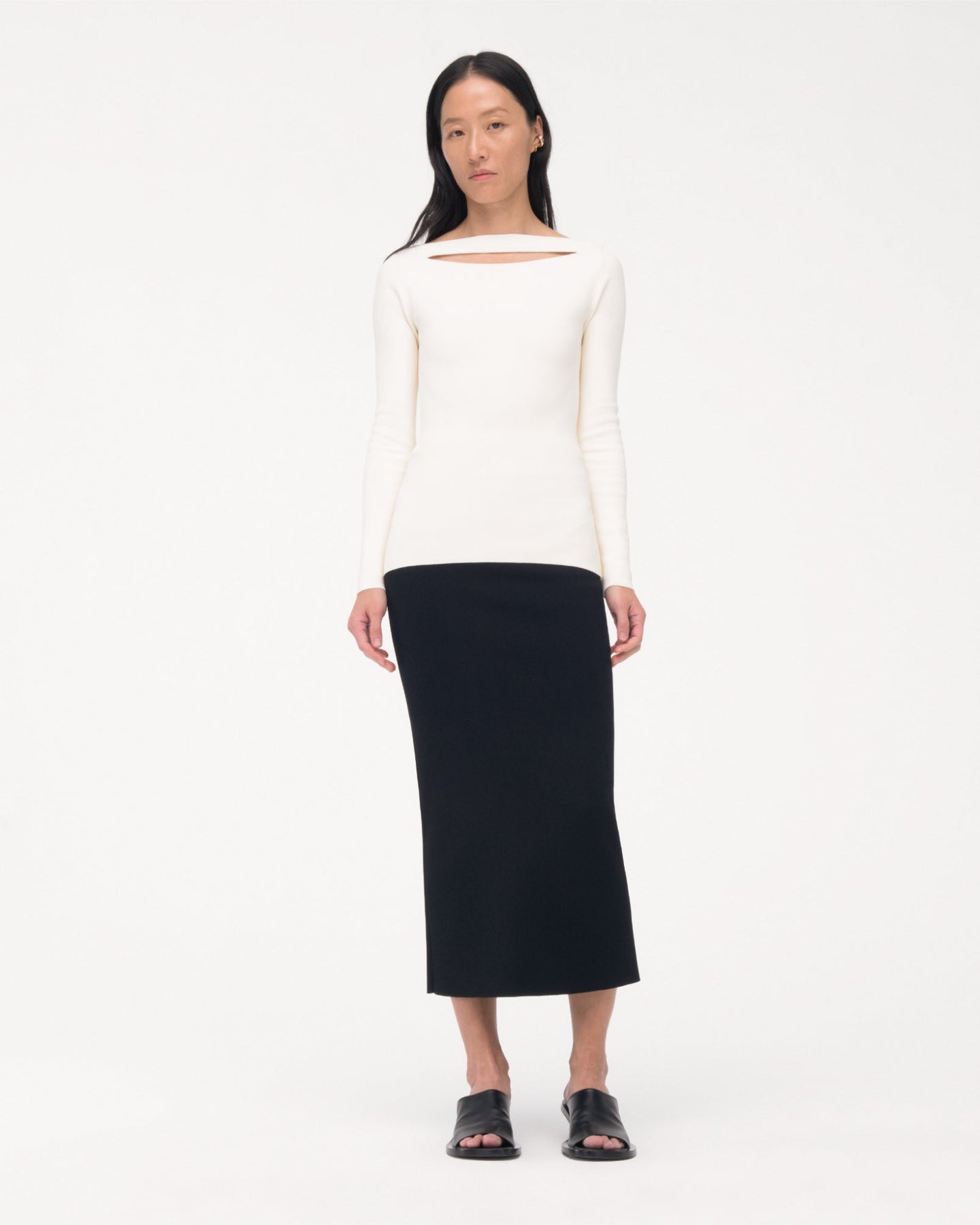 Another Tomorrow Compact Cutout Knit Top in Off White – Viscose Women's Knitwear
