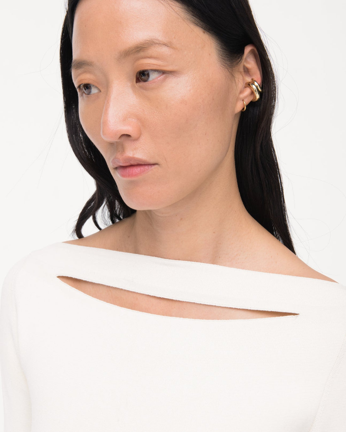 Another Tomorrow Compact Cutout Knit Top in Off White – Viscose Women's Knitwear