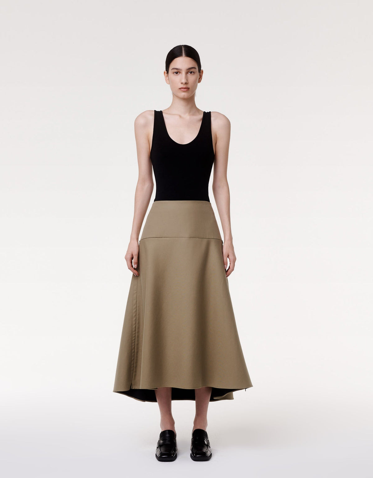 Another Tomorrow Contrast A Line Skirt in Olive/Black – Cotton Women's Skirt