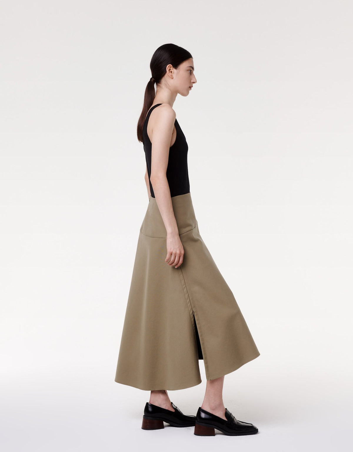 Another Tomorrow Contrast A Line Skirt in Olive/Black – Cotton Women's Skirt