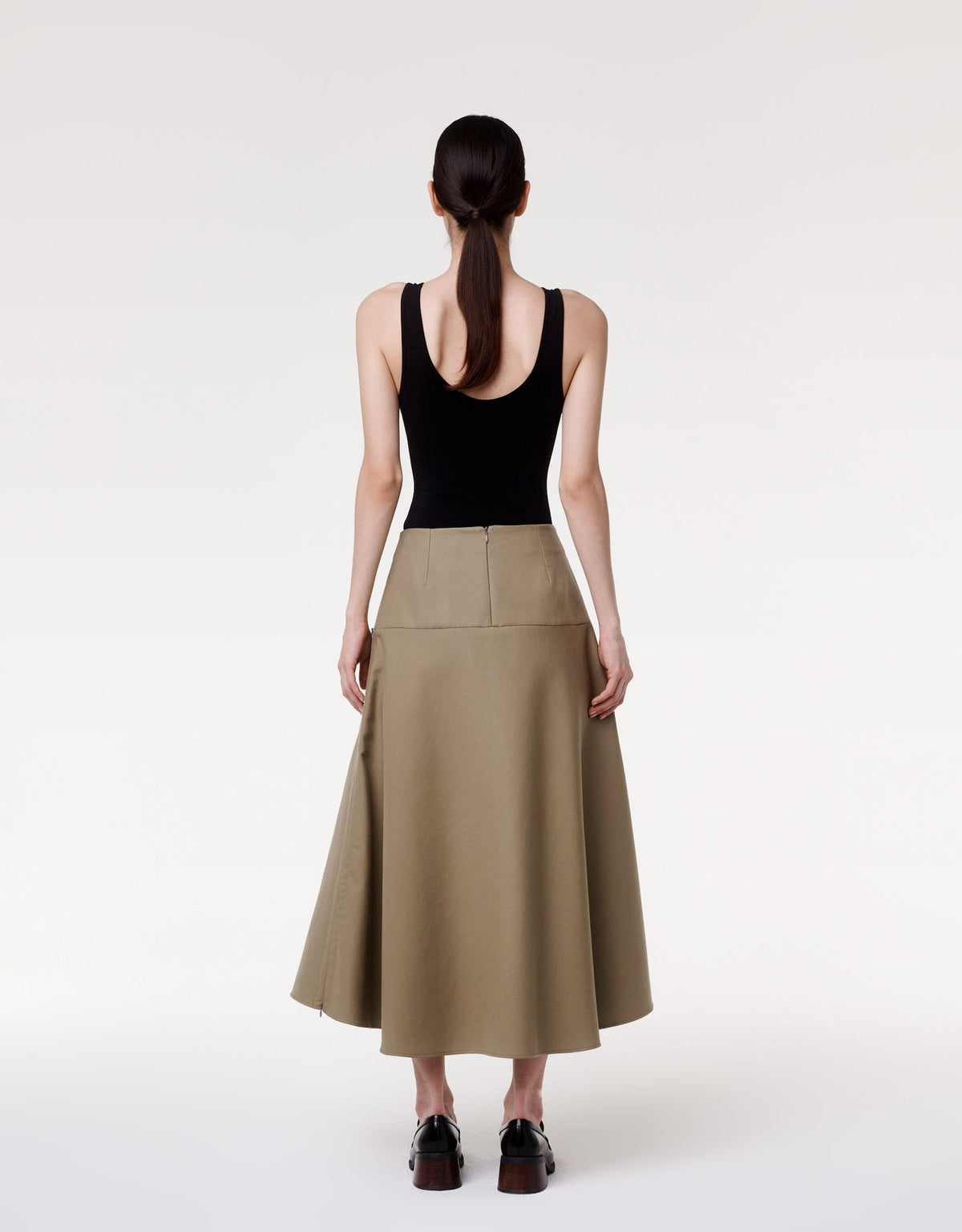 Another Tomorrow Contrast A Line Skirt in Olive/Black – Cotton Women's Skirt