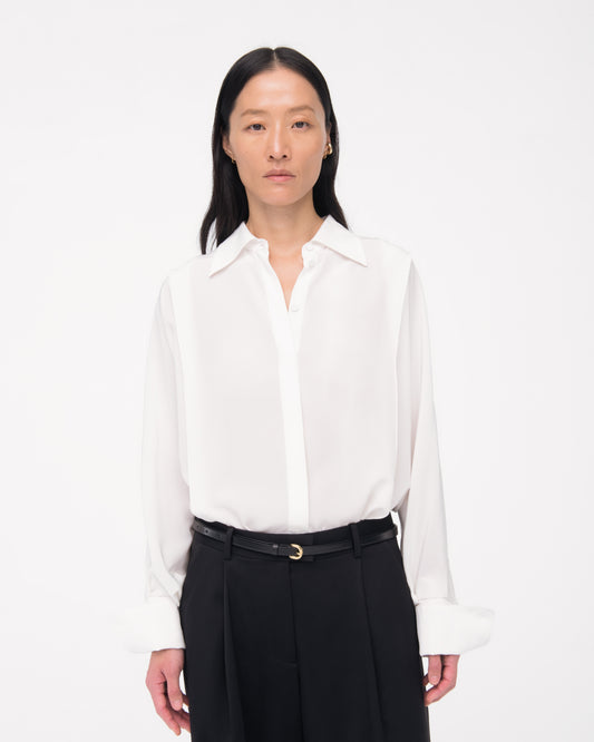 Another Tomorrow Silk Pleated Wrap Shirt in Off White – Silk Women's Top