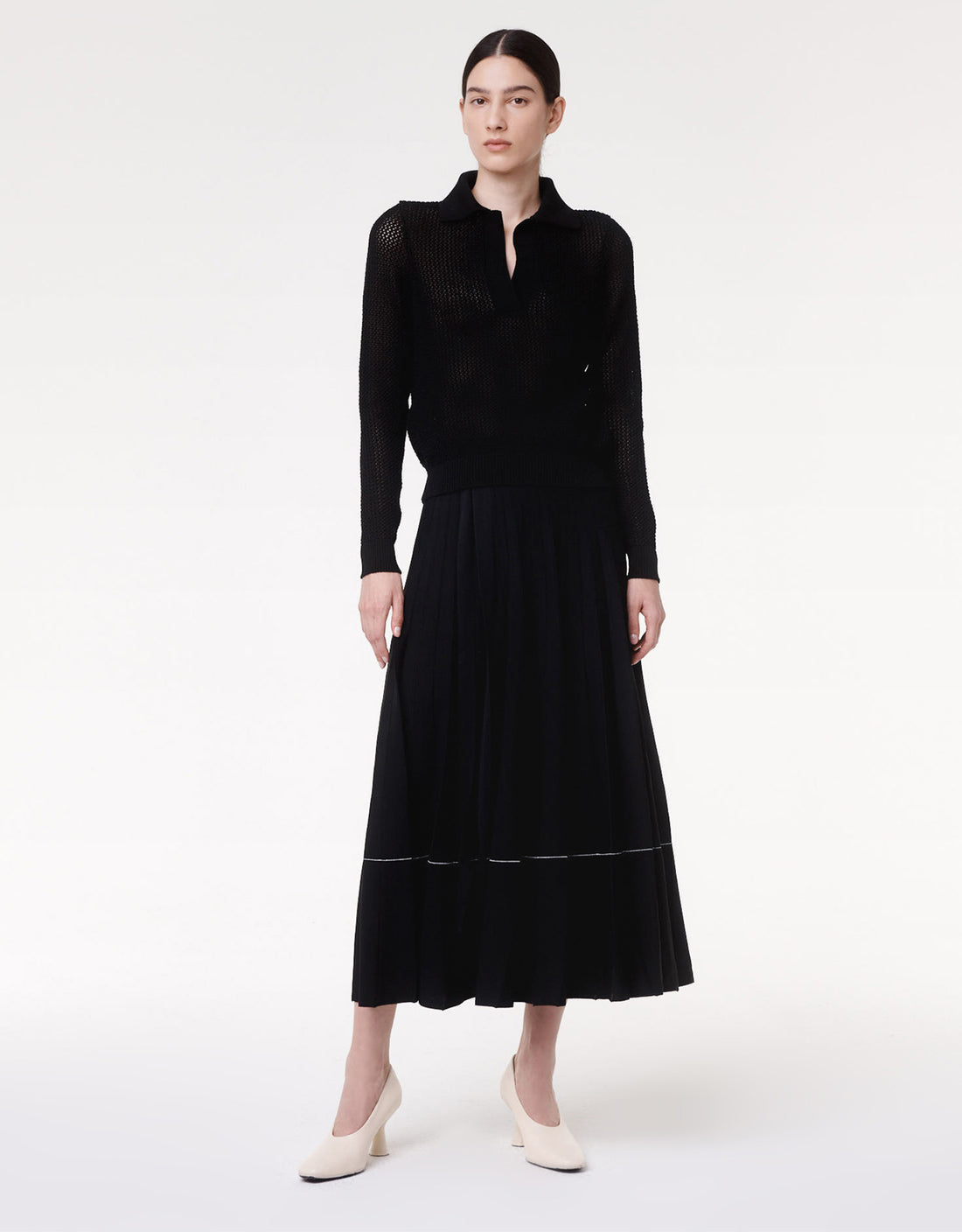 Another Tomorrow Crochet Polo Sweater in Black – Cotton Women's Knitwear