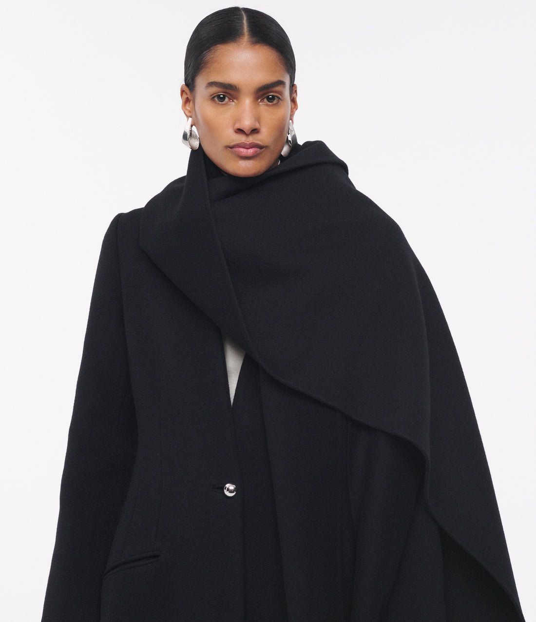 Another Tomorrow Cashmere Deep V Scarf Coat in Black – Wool Women's Outerwear
