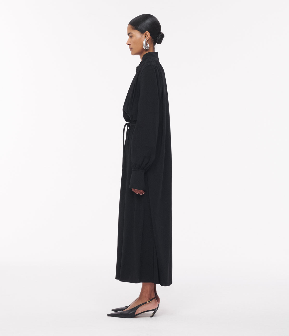Another Tomorrow Drawstring Shirtdress in Black – Satin Women's Dress
