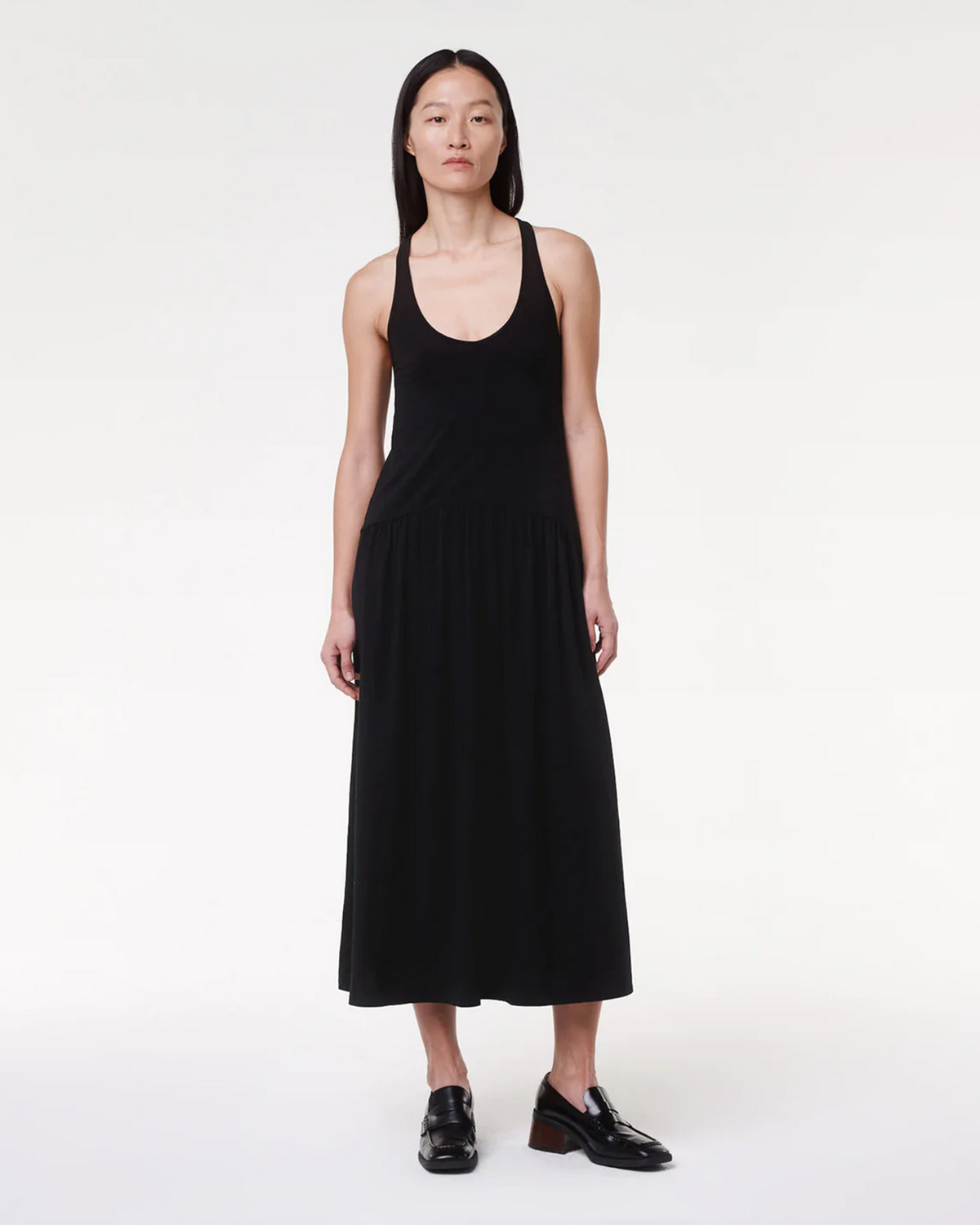 Another Tomorrow Dropwaist Gathered Tank Dress in Black – Cotton Women's Dress