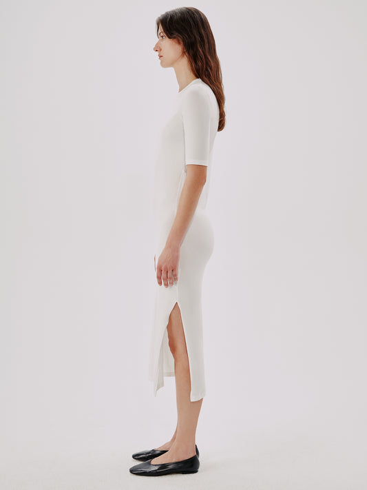 Another Tomorrow Elbow Sleeve Dress in White – Cotton Women's Dress