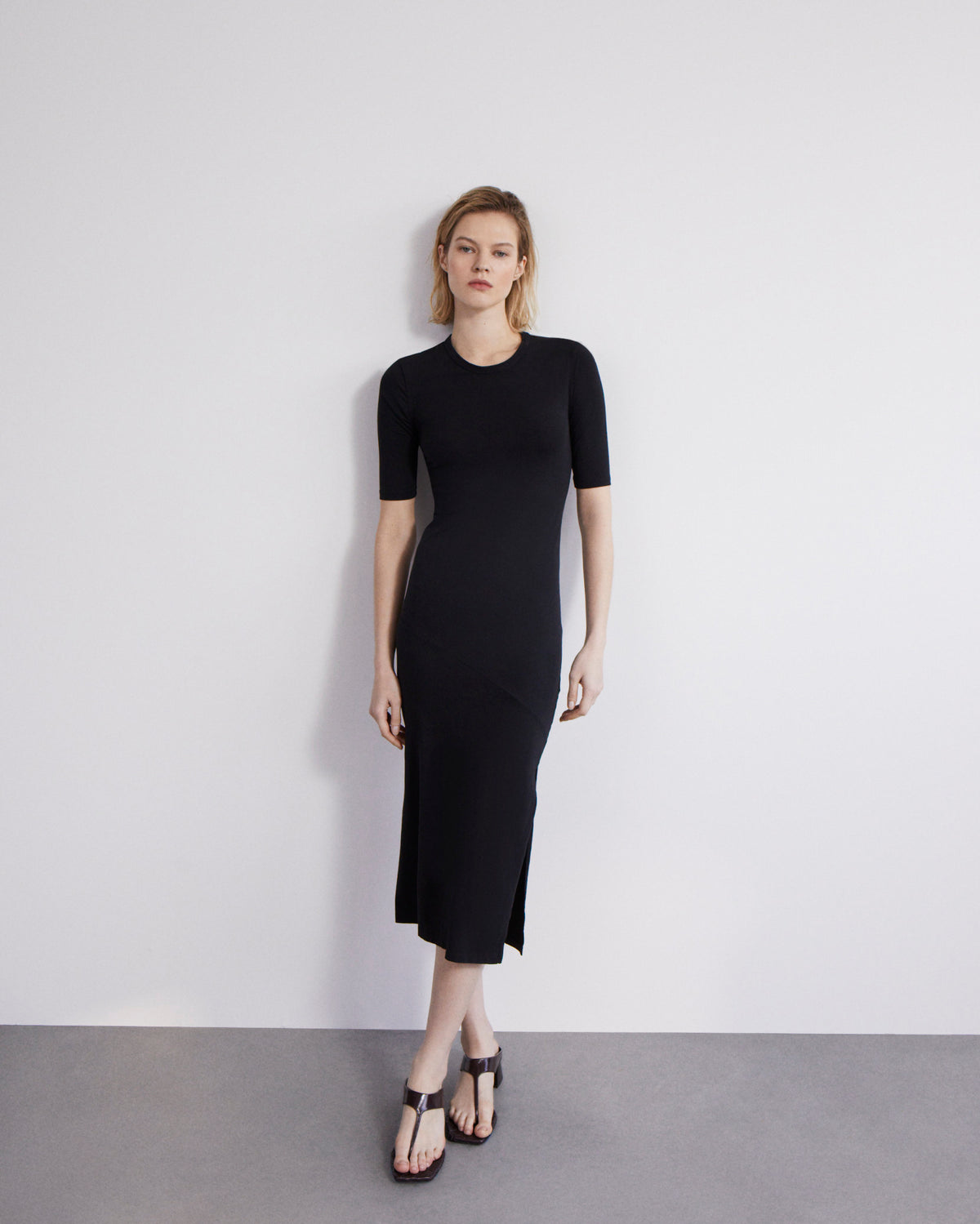 Another Tomorrow Elbow Sleeve Dress in Black – Cotton Women's Dress