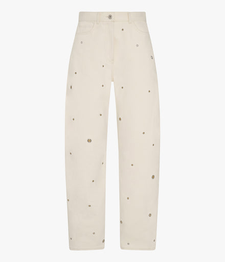 Eyelet Denim Curved Pant | Ecru