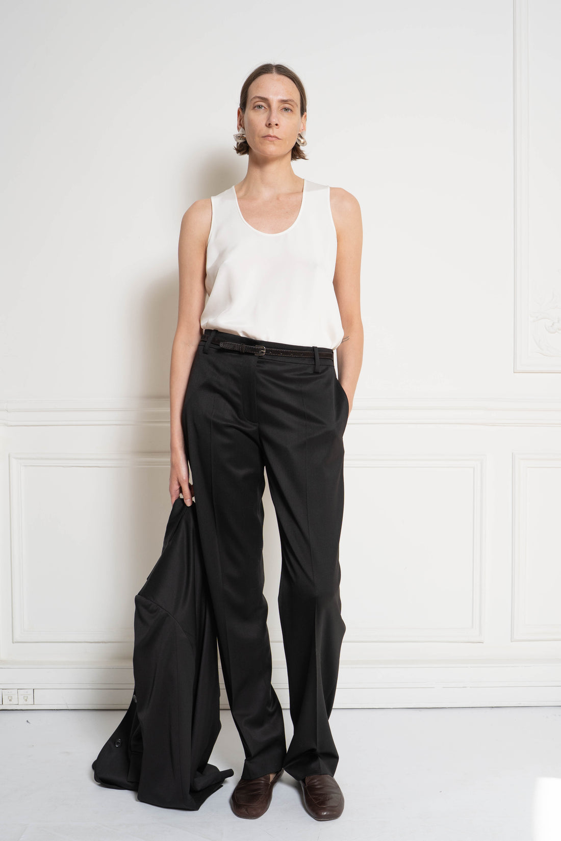Wool Flat Front Trouser | Black