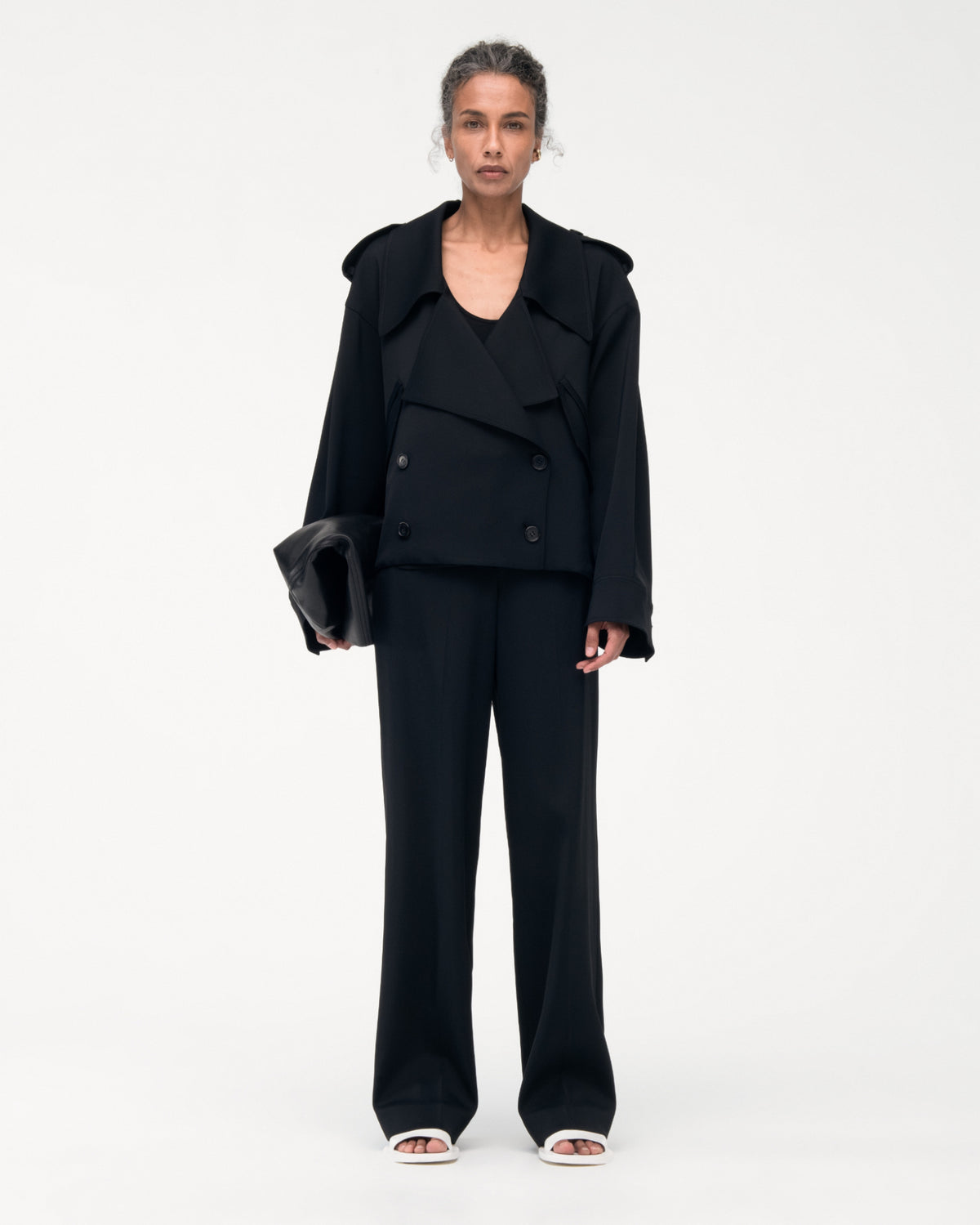 Another Tomorrow Fluid Cropped Trench in Black – Viscose Women's Outerwear