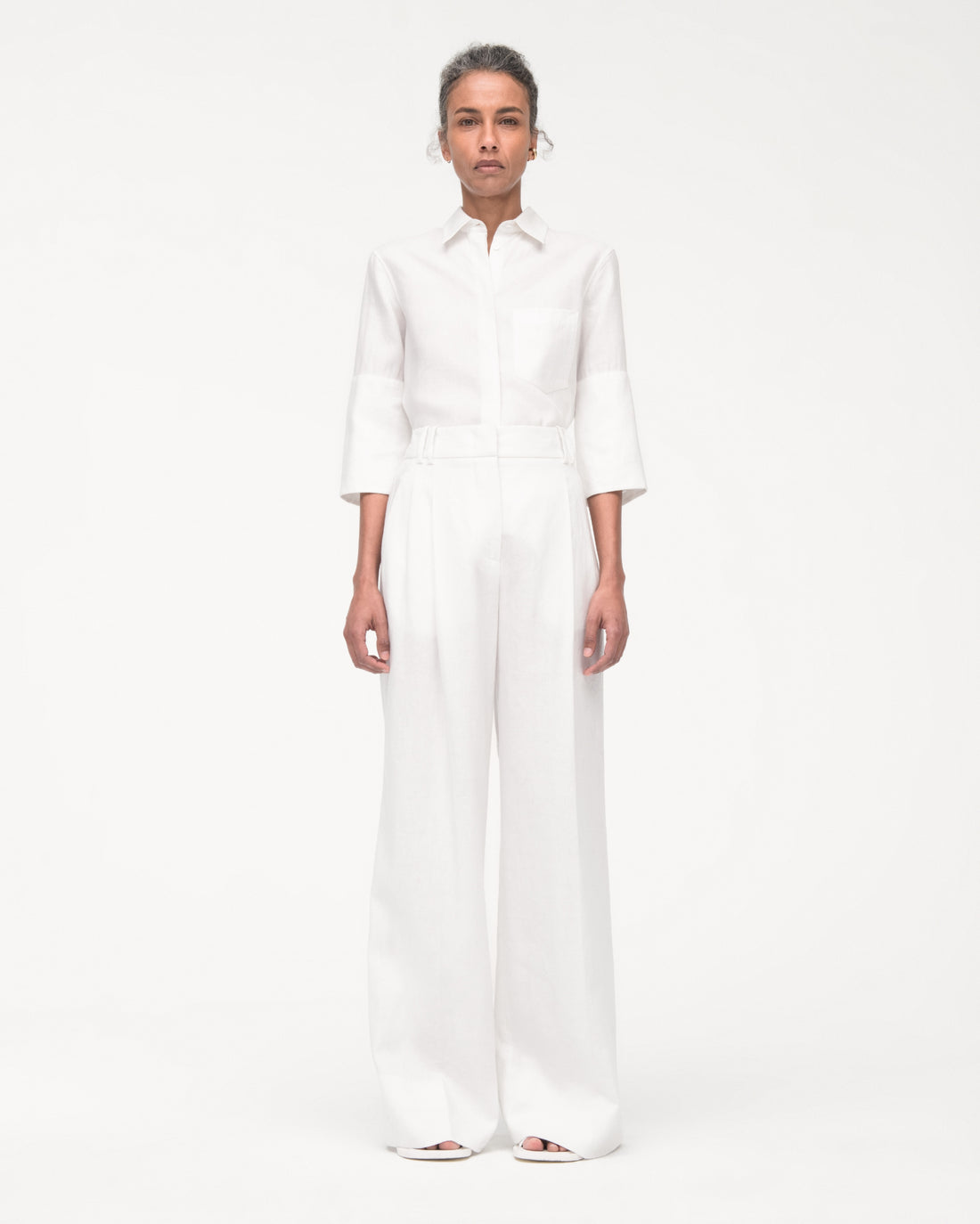Another Tomorrow Linen French Cuff Blouse in Off White – Linen Women's Top