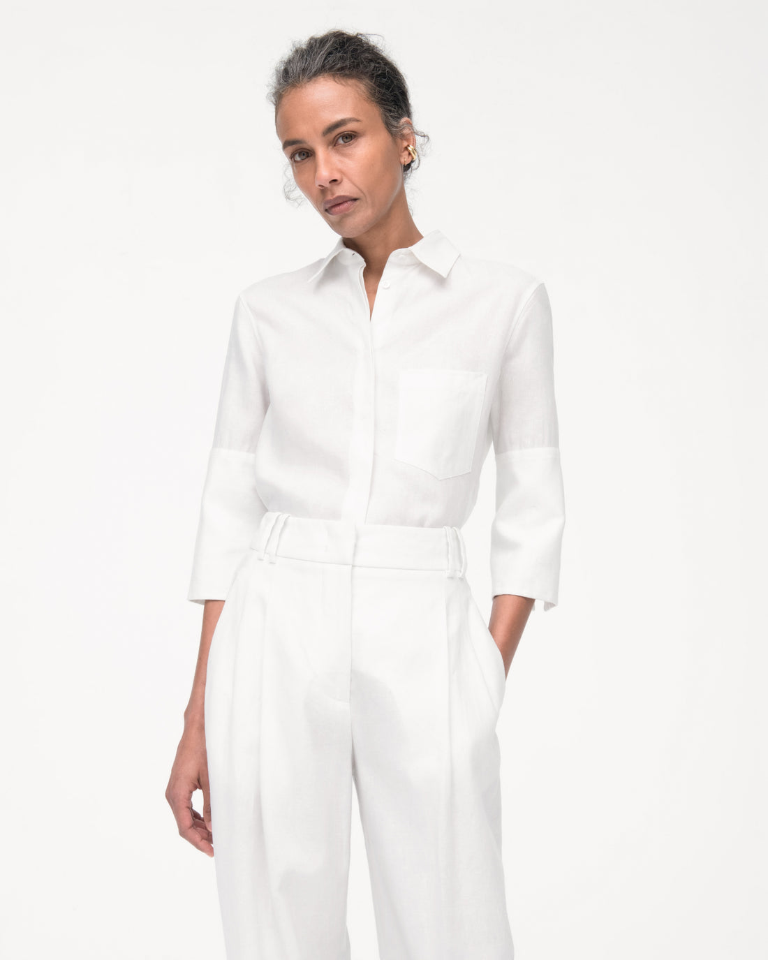 Another Tomorrow Linen French Cuff Blouse in Off White – Linen Women's Top