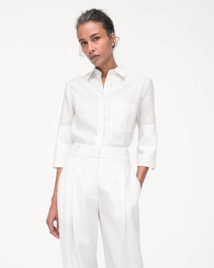 Another Tomorrow Linen French Cuff Blouse in Off White – Linen Women's Top