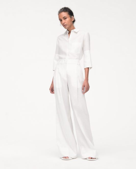 Another Tomorrow Linen French Cuff Blouse in Off White – Linen Women's Top