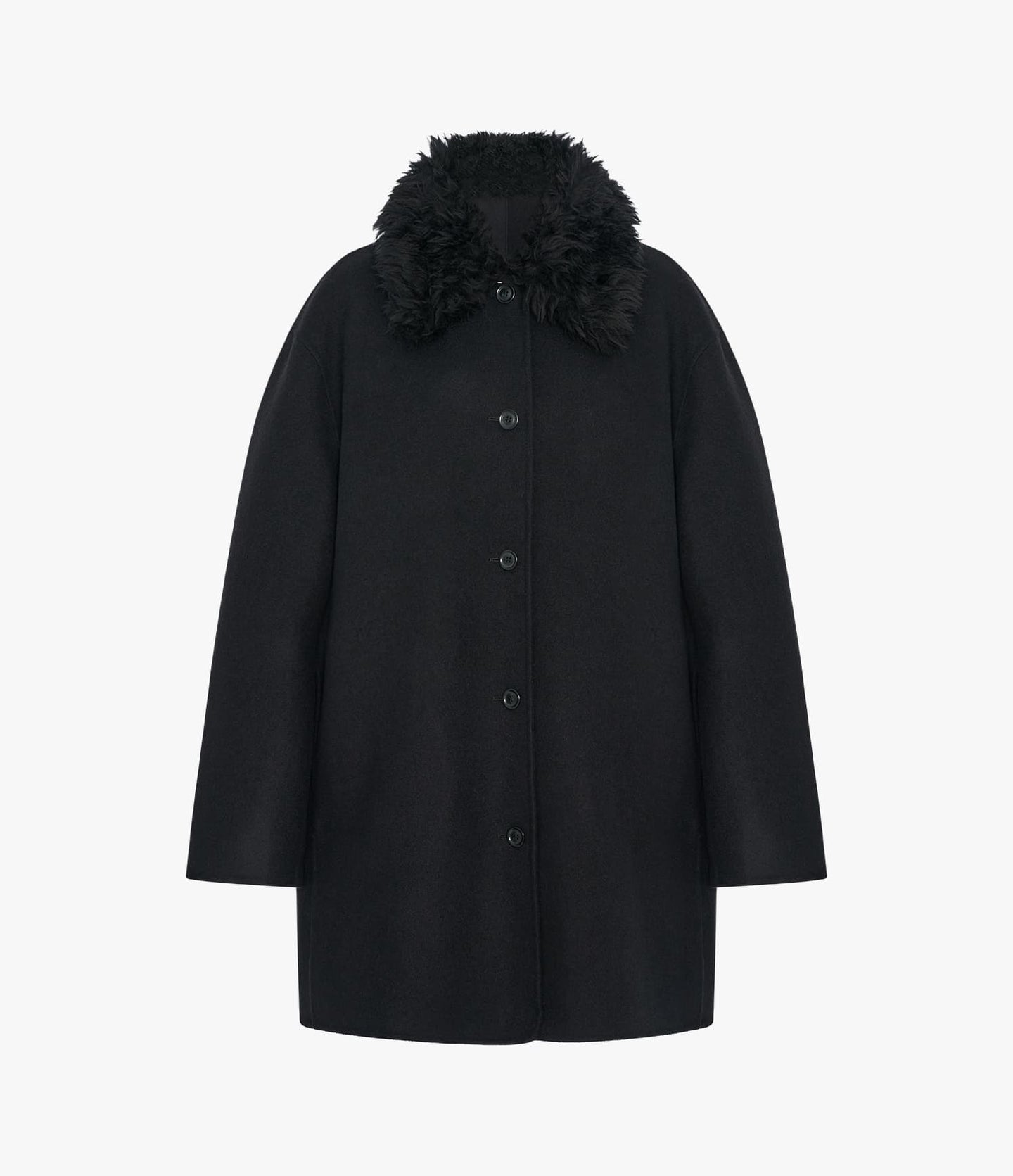 Another Tomorrow Fur Collar Balmacaan in Black – Wool Women's Outerwear