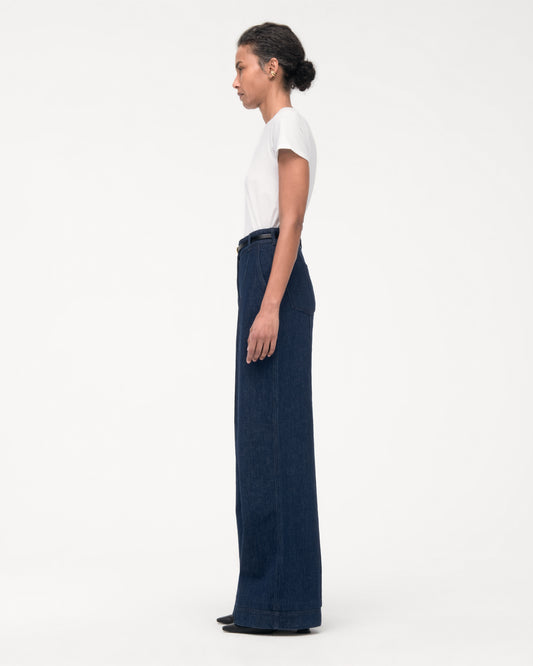 Another Tomorrow High Waisted Denim Trouser in Dark Wash – Cotton Women's Trousers