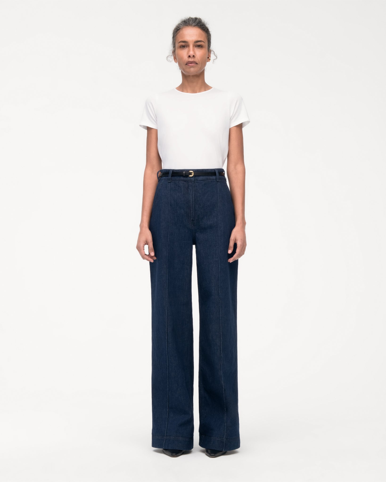 Women's Navy Blue Wide leg High rise Clean look Regular Stretchable Denim  Jeans