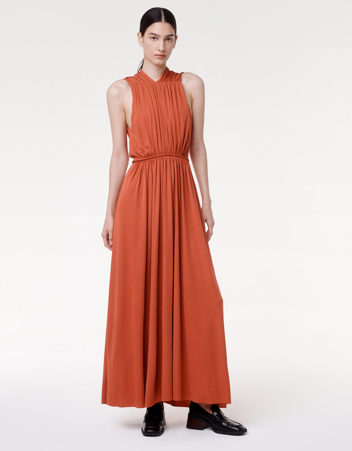 Another Tomorrow Shirred Midi Dress in Sienna Red – Viscose Women's Dress