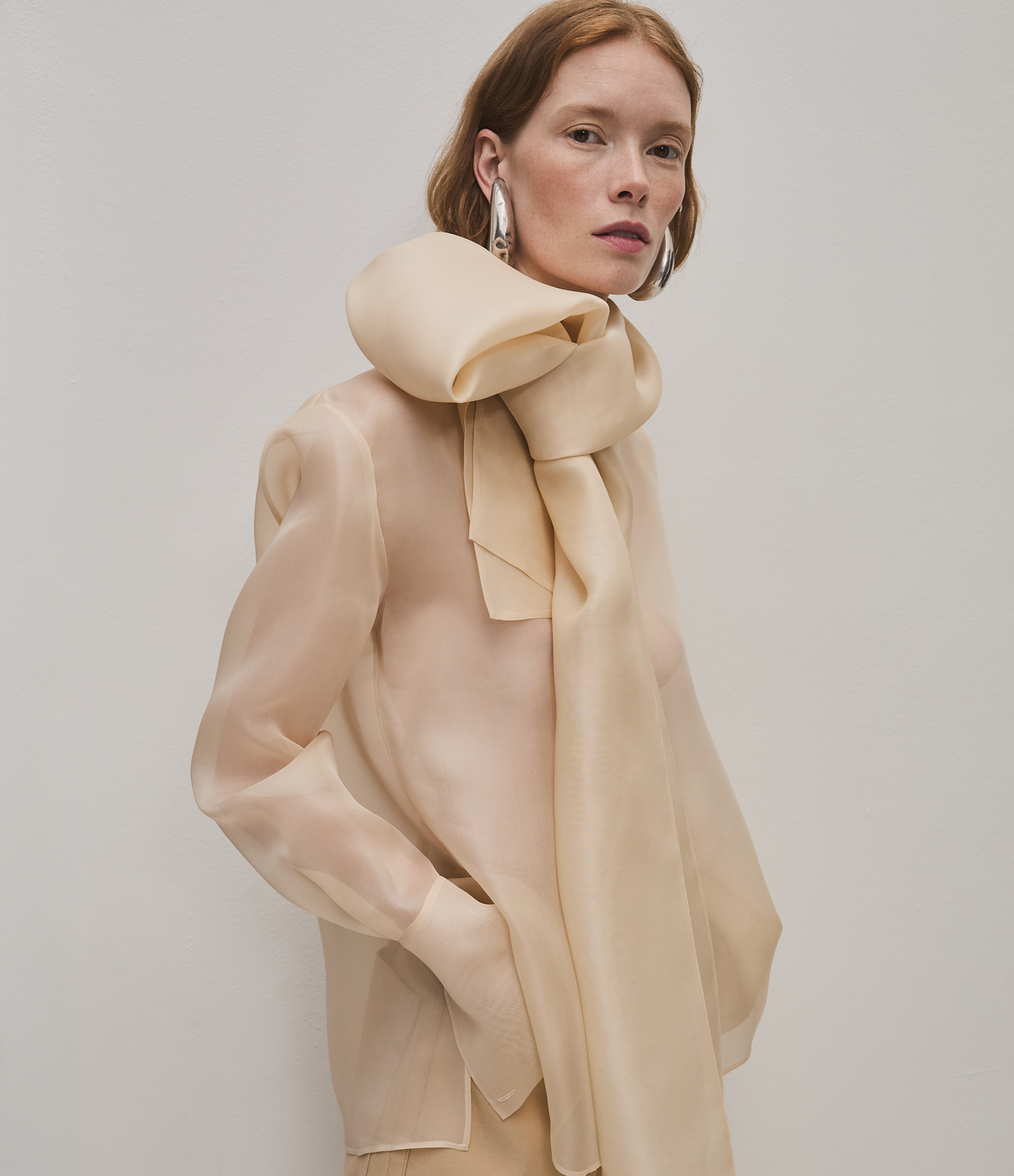 Another Tomorrow Organza Bow Blouse in Sand – Silk Women's Top
