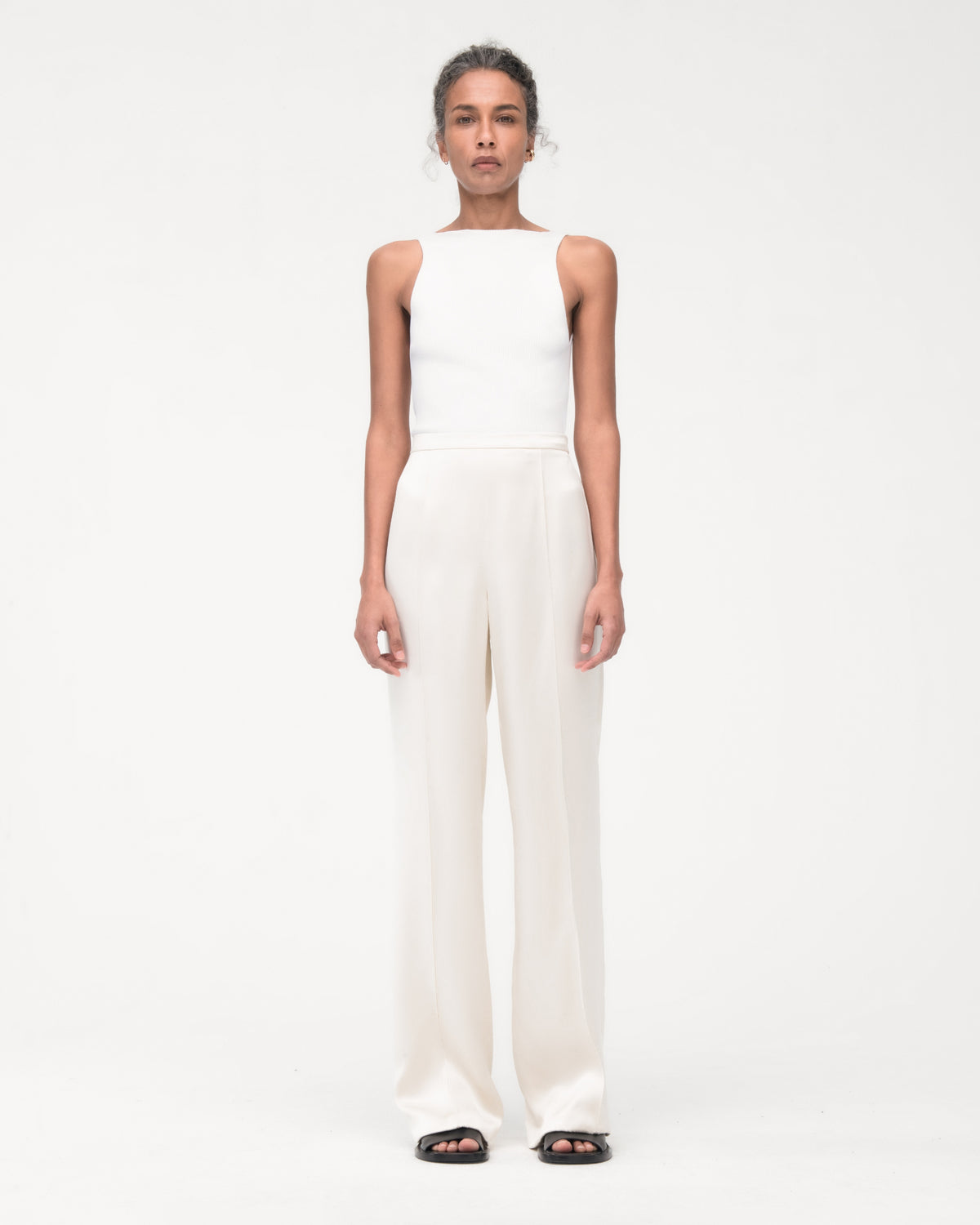 Another Tomorrow Pintuck Trouser in Cream – Satin Women's Trousers