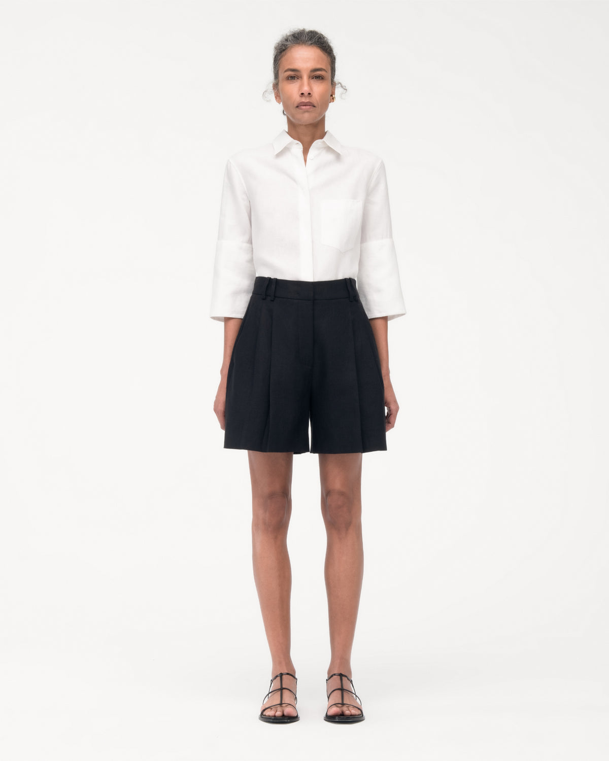 Another Tomorrow Linen Pleated Short in Black – Linen Women's Trousers
