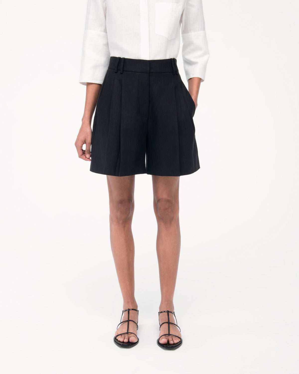 Another Tomorrow Linen Pleated Short in Black – Linen Women's Trousers