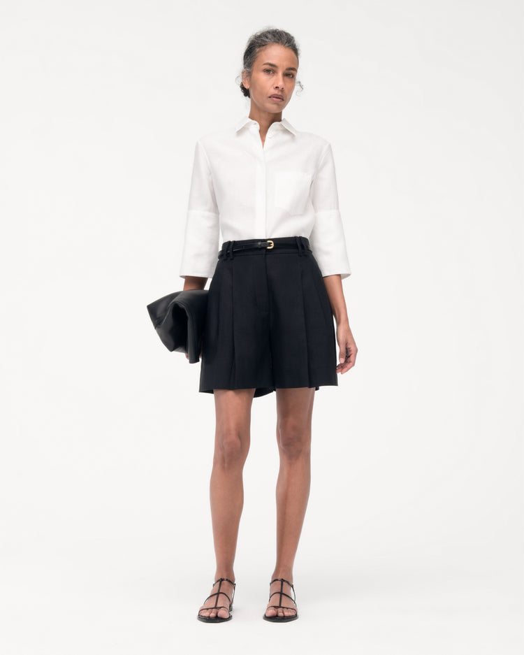 Another Tomorrow Linen Pleated Short in Black – Linen Women's Trousers