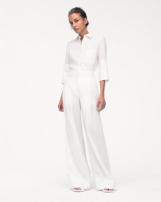 Another Tomorrow Pleated Trouser in White – Linen Women's Trousers