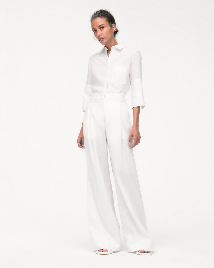 Another Tomorrow Pleated Trouser in White – Linen Women's Trousers
