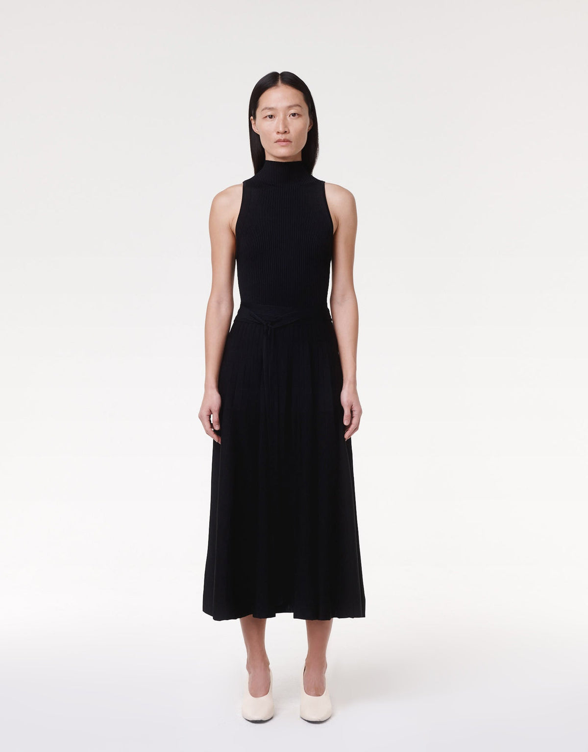 Another Tomorrow Pleated Mock Neck Dress in Black – Viscose Women's Dress