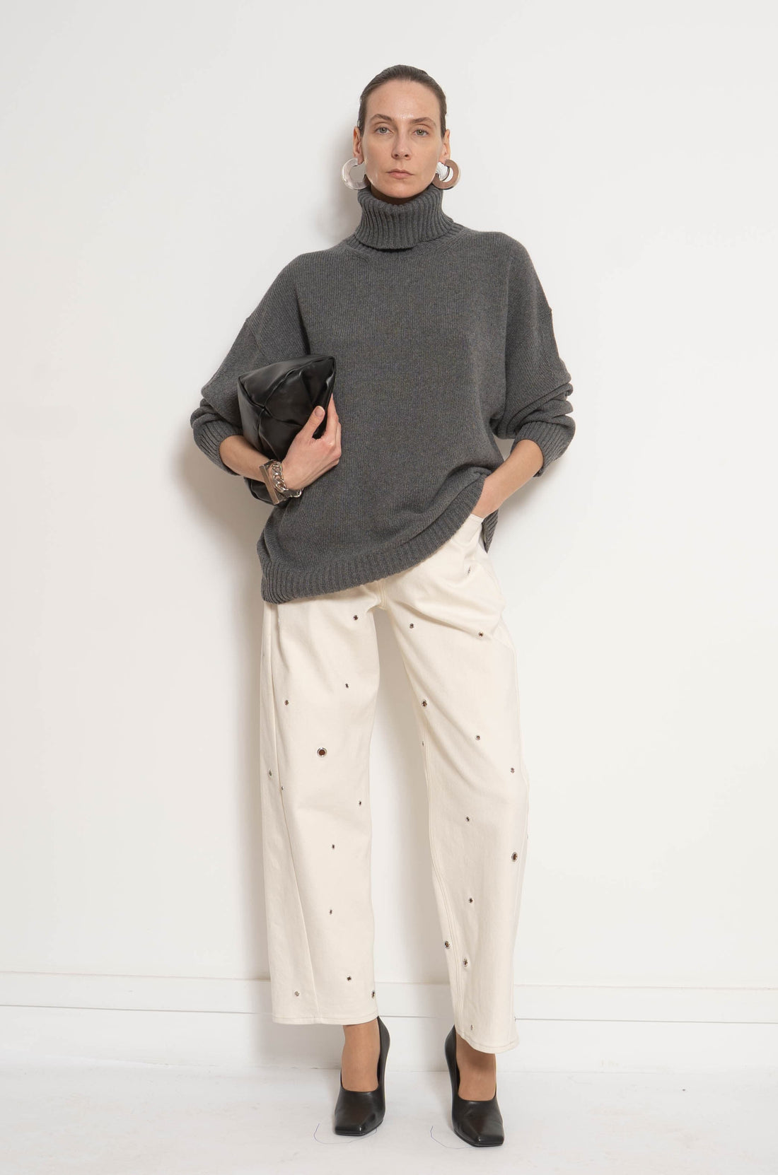 Eyelet Denim Curved Pant | Ecru