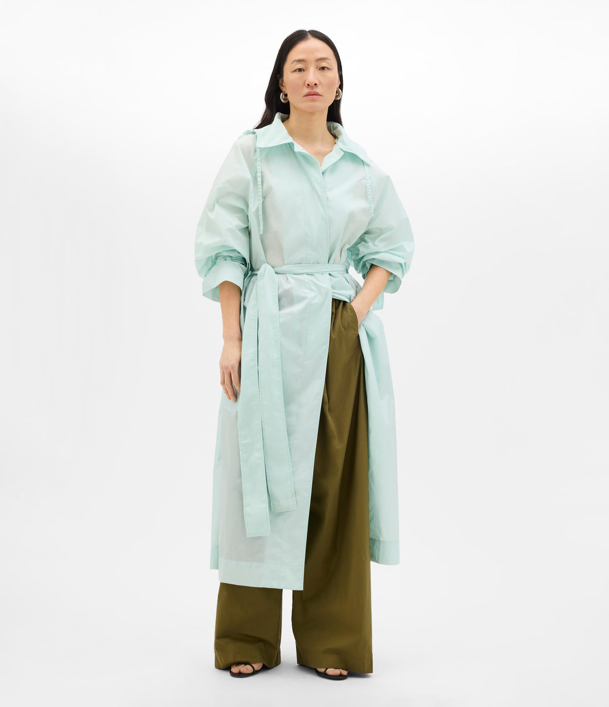 Another Tomorrow Recycled Nylon Trench in Aquamarine – Nylon Women's Outerwear