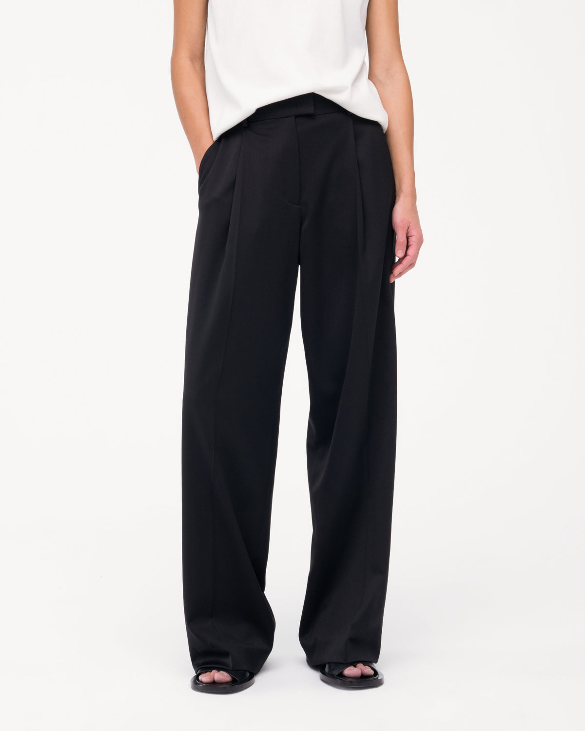 Another Tomorrow Relaxed Wide Leg Pant in Black – Wool Women's Trousers
