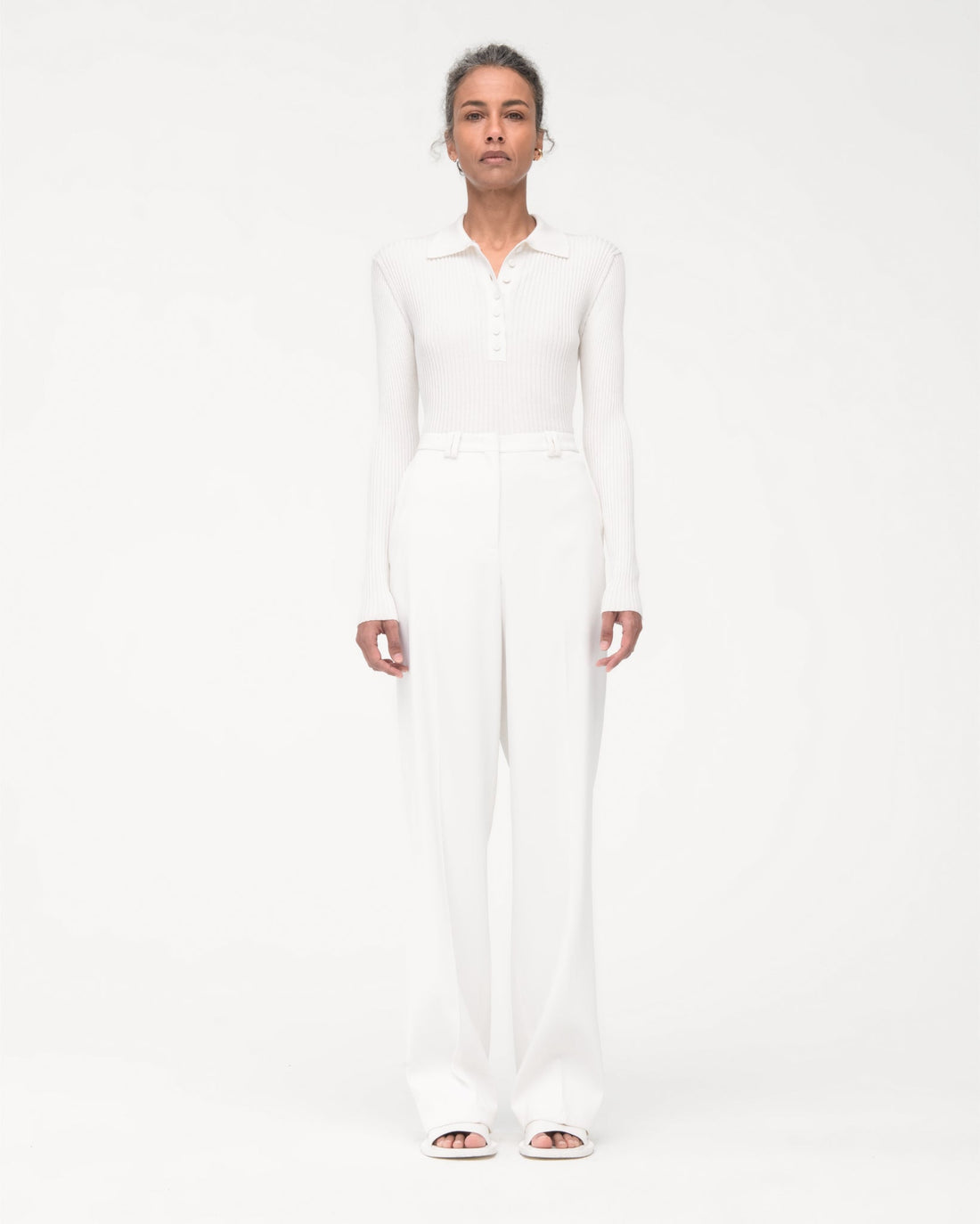 Another Tomorrow Ribbed Knit Polo in Off White – Silk Women's Knitwear