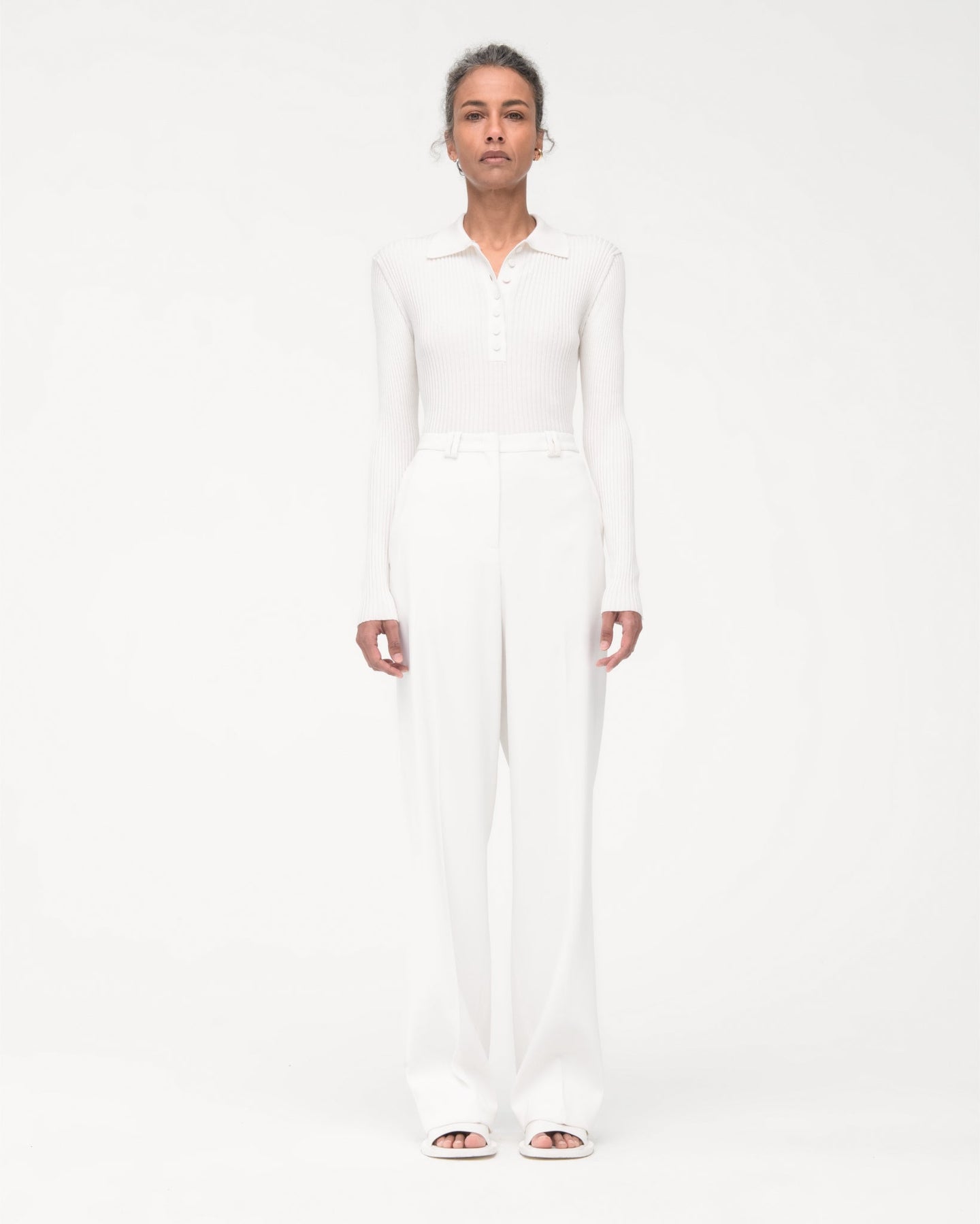 Another Tomorrow Ribbed Knit Polo in Off White – Silk Women's Knitwear