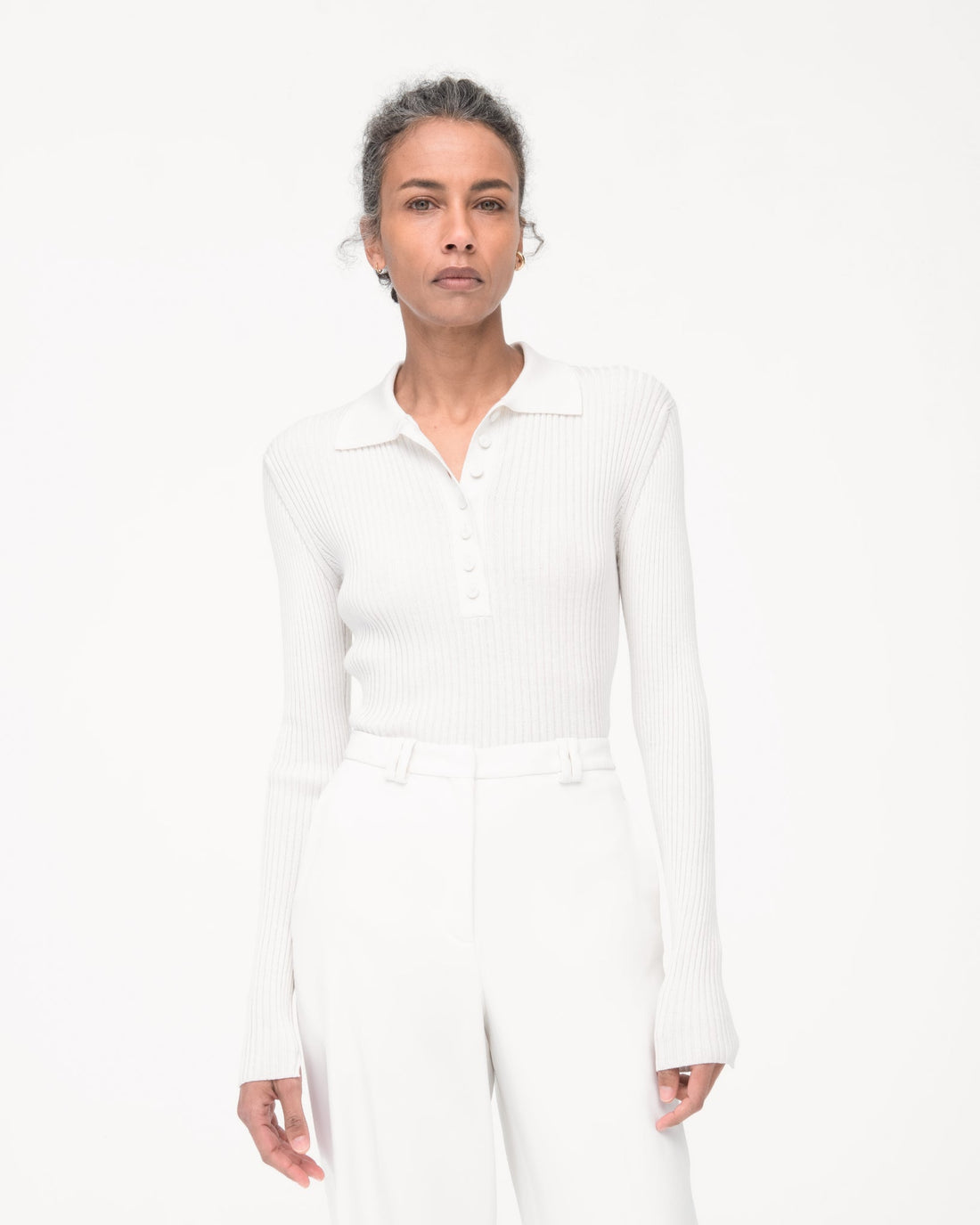 Another Tomorrow Ribbed Knit Polo in Off White – Silk Women's Knitwear