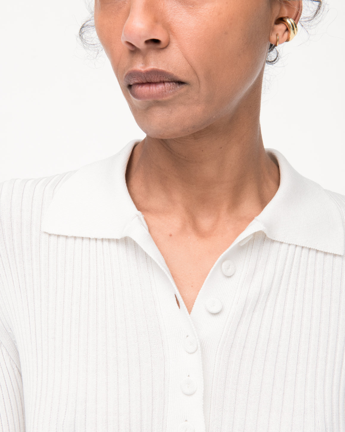 Another Tomorrow Ribbed Knit Polo in Off White – Silk Women's Knitwear