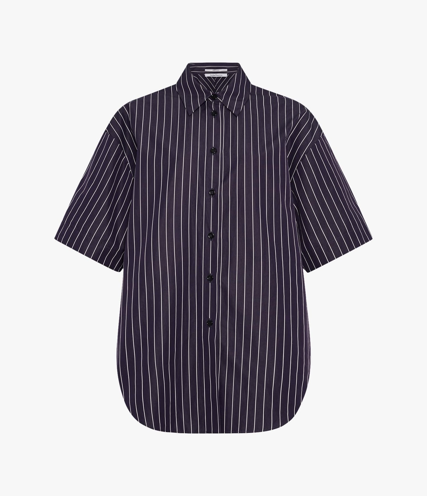 Another Tomorrow Short Sleeve Shirt in Navy/White Stripe – Cotton Women's Trousers
