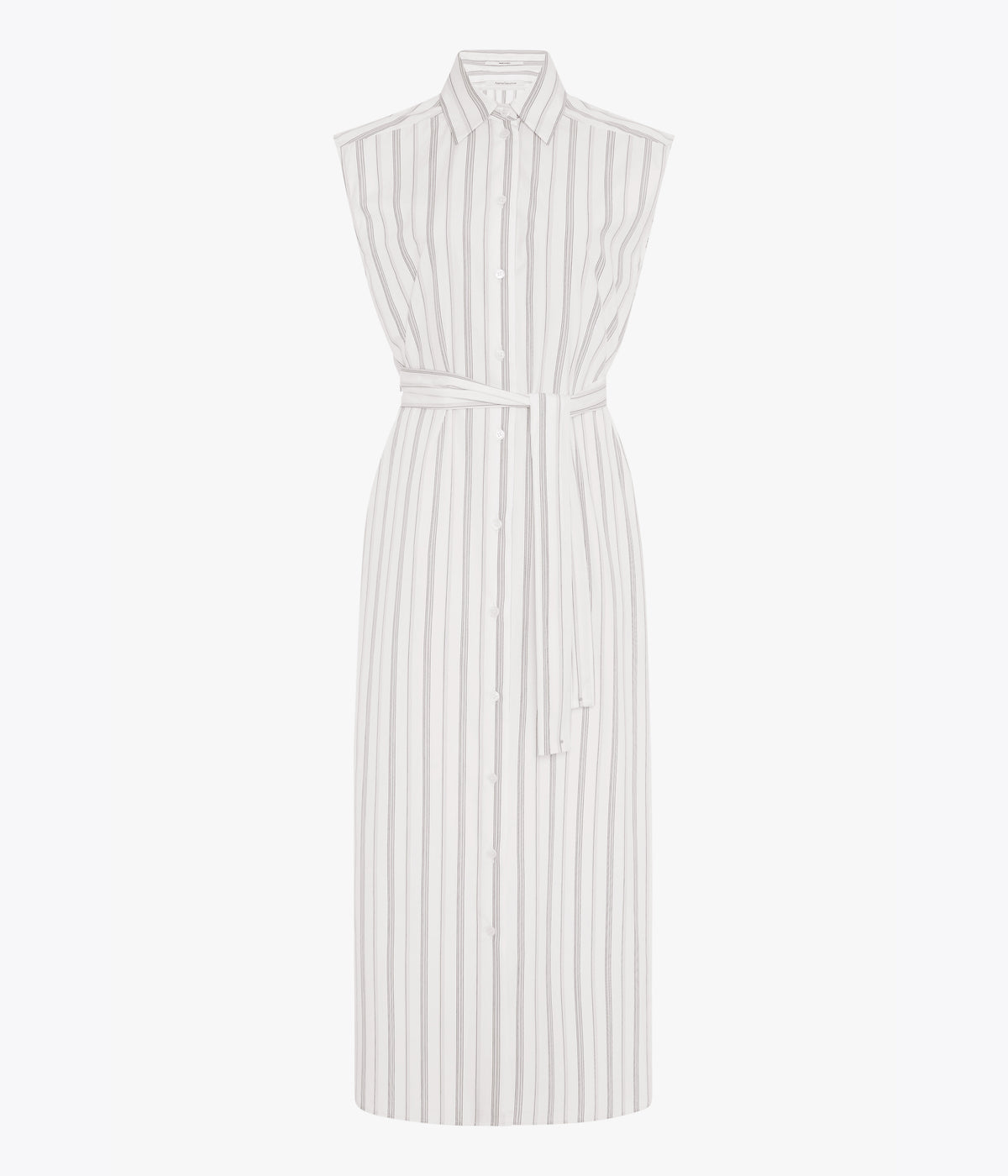 Another Tomorrow Sleeveless Pleat Back Tie Dress in White/Navy Stripe – Cotton Women's Dress